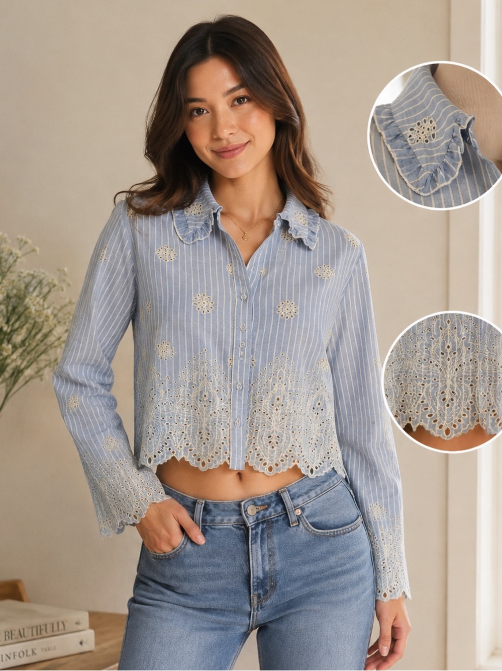 Caroline Contas scallop edge cropped cotton blouse S